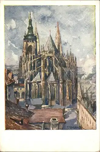 Prag Prahy Prague Veitsdom Kathedrale Kuenstlerkarte Aquarell F. Engelmueller Kat. Praha