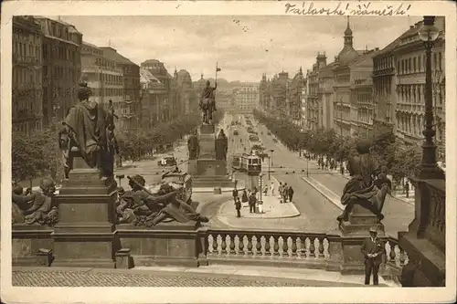 Prag Prahy Prague Vaclavske namesti Wenzelsplatz Mahnmal Reiterdenkmal Skulptur Strassenbahn Kat. Praha