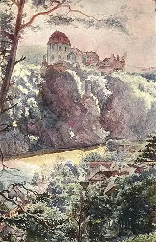 Vranov nad Dyji Ortsansicht mit Blick zum Schloss Kuenstlerkarte Kat. Frain Thaya