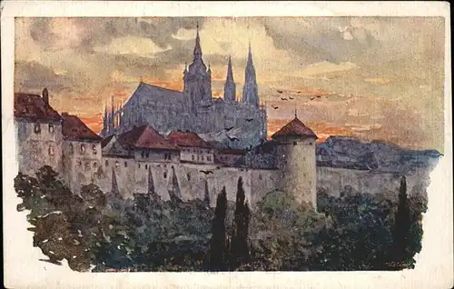 Prag Prahy Prague Chram sv. Vita z Jeleniho prikopu St. Veitsdom vom Schlossgarten Kuenstlerkarte Aquarell F. Engelmueller Kat. Praha