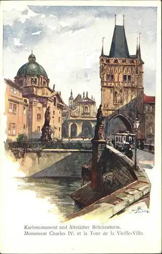 Prag Prahy Prague Karlsdenkmal Altstaedter Brueckenturm Kuenstlerkarte Aquarell F. Engelmueller Kat. Praha