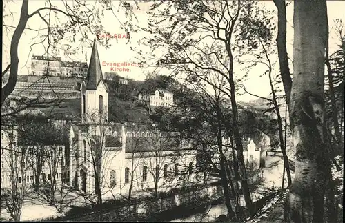 Karlsbad Eger Boehmen Durchblick zur Evangelischen Kirche Kat. Karlovy Vary