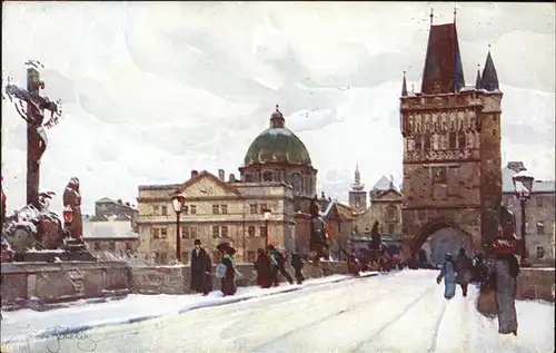 Prag Prahy Prague Staromestska mostecka vez a klaster u Krizovniku Altstaedter Brueckenturm Kreuzherrenkloster Karlsbruecke Kuenstlerkarte Aquarell J. Setelik Kat. Praha