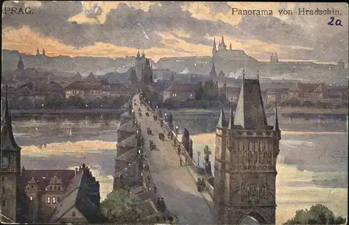 Prag Prahy Prague Panorama Burg Hradschin Altstaedter Brueckenturm Karlsbruecke Moldau Kuenstlerkarte Aquarell nach Original von F. Engelmueller No. 23 Kat. Praha