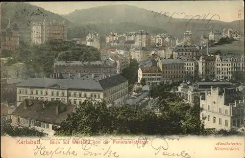 Karlsbad Eger Boehmen Blick vom Cafe Panorama auf Westend Villenkolonie handkoloriert Kat. Karlovy Vary
