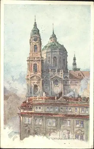 Prag Prahy Prague Chram sv Mikulase na Male Strane St. Nikolas Kirche Prager Kleinseite Kuenstlerkarte Aquarell F. Engelmueller Kat. Praha