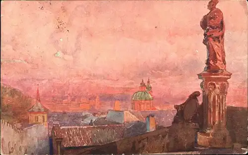 Prag Prahy Prague Zapadu slunce Sonnenuntergang Statue Kuenstlerkarte Aquarell J. Setelika Kat. Praha