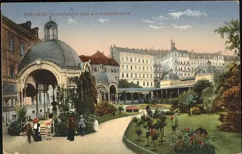 Karlsbad Eger Boehmen Stadtparkanlagen mit Kaiserbrunnen Kat. Karlovy Vary