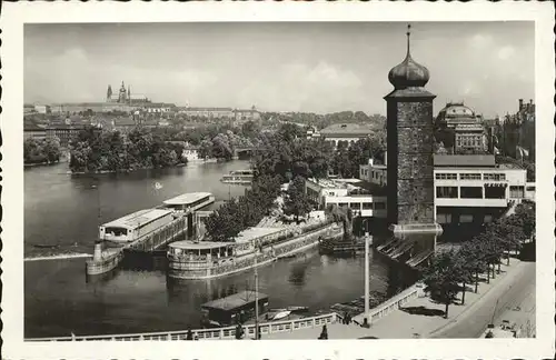 Prag Prahy Prague Manes und Hradcany Burg Hradschin Turm Moldau Schiff Kat. Praha