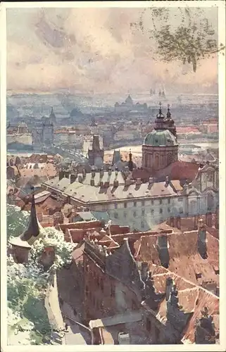 Prag Prahy Prague Pohled z Hradu pres Nove Zamecke Schody Blick von New Castle Stairs Hradschin Prager Burg Kuenstlerkarte Aquarell J. Setelik Kat. Praha