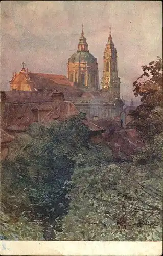 Prag Prahy Prague Mikulassky chram ze zahrady Schoenbornske St. Nicolaskirche Schoenborngarten Kleinseite Kuenstlerkarte Aquarell J. Setelik Kat. Praha