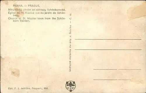 Prag Prahy Prague Mikulassky chram ze zahrady Schoenbornske St. Nicolaskirche Schoenborngarten Kleinseite Kuenstlerkarte Aquarell J. Setelik Kat. Praha