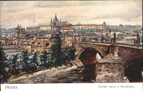 Prag Prahy Prague Hradcany Burg Hradschin Kleinseite Karlsbruecke Veitsdom Kuenstlerkarte Aquarell J. Setelika Kat. Praha