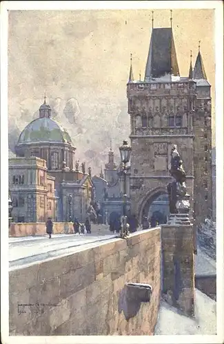 Prag Prahy Prague Staromestska mostni vez Karlova mostu Altstaedter Brueckenturm Karlsbruecke Kuenstlerkarte Aquarell Jaroslava Setelika Kat. Praha