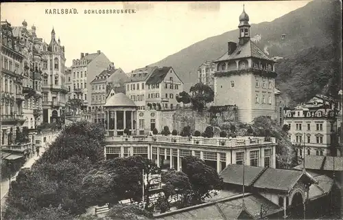 Karlsbad Eger Boehmen Schlossbrunnen Stadtturm Kat. Karlovy Vary