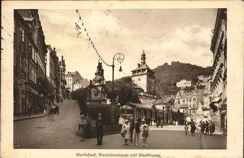 Karlsbad Eger Boehmen Marktbrunnen Stadtturm Kat. Karlovy Vary