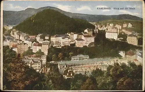 Karlsbad Eger Boehmen Blick auf die Stadt Kuenstlerkarte Nr. 61625 Kat. Karlovy Vary