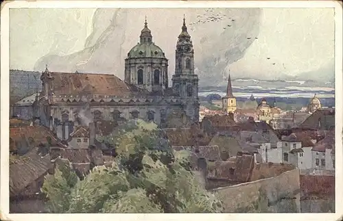 Prag Prahy Prague Mikulassky kostel z Schoenbornske zahrady St. Nikolauskirche Blick vom Schoenborngarten Kuenstlerkarte Aquarell J. Setelika Serie II Kat. Praha