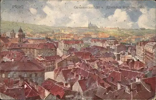 Prag Prahy Prague Gesamtansicht Altstaedter Rathaustuerme Kuenstlerkarte Aquarell J. Setelik Kat. Praha