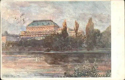 Prag Prahy Prague Narodni museum Nationalmuseum Moldau Kuenstlerkarte Aquarell F. Engelmueller Serie III Kat. Praha