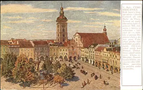 Ceske Budejovice Marktplatz mit Samsonbrunnen Kuenstlerkarte Serie Krasy Republiky Ceskoslovenske Kat. Budweis Ceske Budejovice