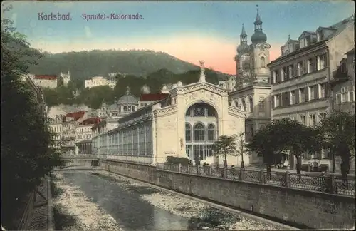 Karlsbad Eger Boehmen aeussere Sprudelkolonnade Kirchtuerme Kat. Karlovy Vary