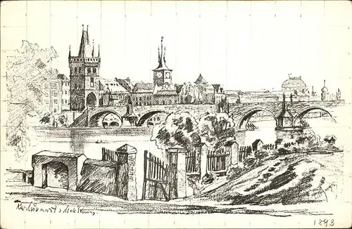 Prag Prahy Prague Karluv most Male Strany Karlsbruecke Kleinseite Altstaedter Brueckenturm Kuenstlerkarte Zeichnung J. Skrbka Kat. Praha