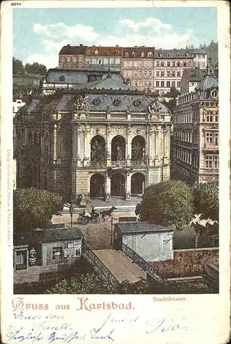 Karlsbad Eger Boehmen Stadttheater Pferdedroschke Kat. Karlovy Vary