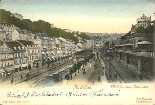 Karlsbad Eger Boehmen Muehlbrunnen Kolonnade Kreuzgasse handkoloriert Kat. Karlovy Vary