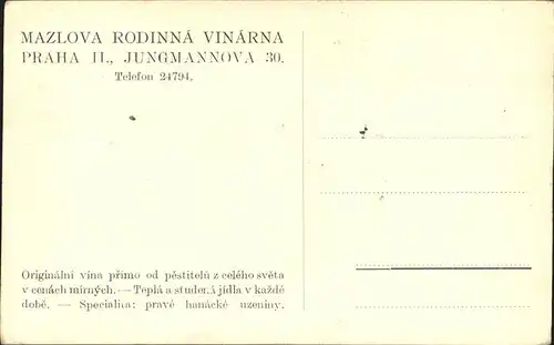 Prag Prahy Prague Kuenstlerkarte K. Stroff Mazlova Rodinna Vinarna Kat. Praha