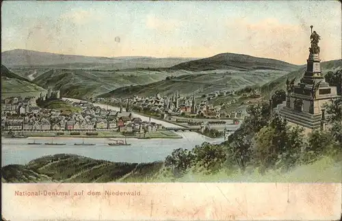 Ruedesheim Rhein mit Nationaldenkmal auf dem Niederwald (Felle Kuenstlerkarte) Kat. Ruedesheim am Rhein