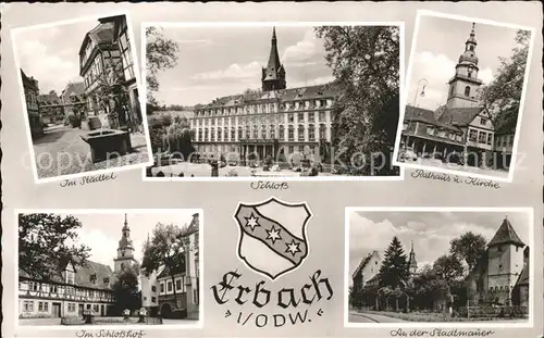 Erbach Odenwald Brunnen Schloss Schlosshof Rathaus Kirche Stadtmauer Wappen Kat. Erbach