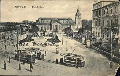 Darmstadt Paradeplatz Grossherzog Ludwig IV Denkmal Reiterdenkmal Hoftheater Strassenbahn Pferdedroschke Kat. Darmstadt