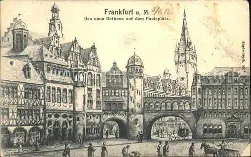 Frankfurt Main Neues Rathaus auf dem Paulsplatz Pferdefuhrwerk Kutsche Turm Ideal Kupferdruck No. 59 Kat. Frankfurt am Main