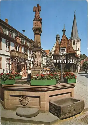 Michelstadt Marktbrunnen Rathaus aus dem Jahre 1484 historisches Gebaeude Kirchturm Kat. Michelstadt
