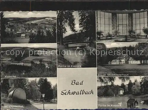 Bad Schwalbach Panorama Kaserne Musikpavillon Kurpark Stahlbrunnen Moorbaederhaus Schwanenteich Kat. Bad Schwalbach