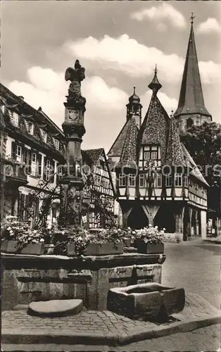 Michelstadt Marktbrunnen und Rathaus aus dem Jahre 1484 historisches Gebaeude Kirche "Herz des Odenwaldes" Kat. Michelstadt