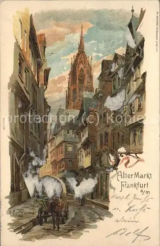 Frankfurt Main Alter Markt Pferdefuhrwerk Dom Kuenstlerkarte Kat. Frankfurt am Main