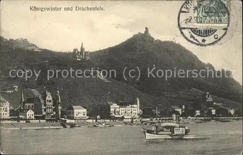 Koenigswinter und Burgruine Drachenfels Rhein Dampfer Stempel auf AK Kat. Koenigswinter