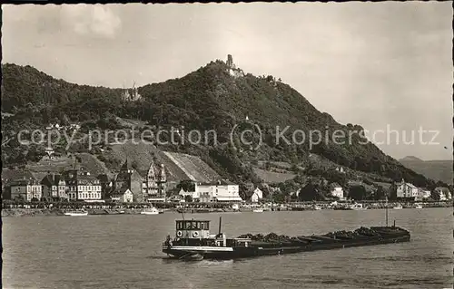 Koenigswinter Blick ueber den Rhein Burgruine Drachenfels Kahn Binnenschifffahrt Kat. Koenigswinter