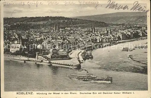 Koblenz Rhein Deutsches Eck Kaiser Wilhelm Denkmal Reiterstandbild Moselmuendung Dampfer Kat. Koblenz
