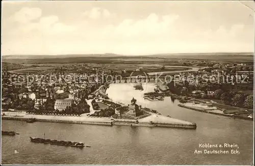 Koblenz Rhein Deutsches Eck Kaiser Wilhelm Denkmal Moselmuendung Bruecke Frachtkahn Binnenschifffahrt Trinks Postkarte Kat. Koblenz