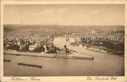 Koblenz Rhein Deutsches Eck Kaiser Wilhelm Denkmal Moselmuendung Bruecke Frachtkahn Binnenschifffahrt Kat. Koblenz