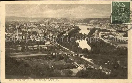 Koblenz Rhein Panorama Blick von Rittersburg Stempel auf AK Kat. Koblenz