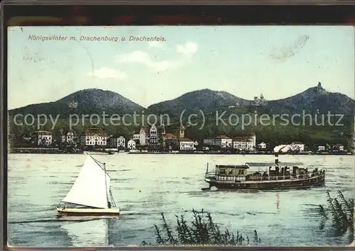 Koenigswinter Schloss Drachenburg und Burgruine Drachenfels Blick vom Rheinufer Dampfer Segelboot Kat. Koenigswinter