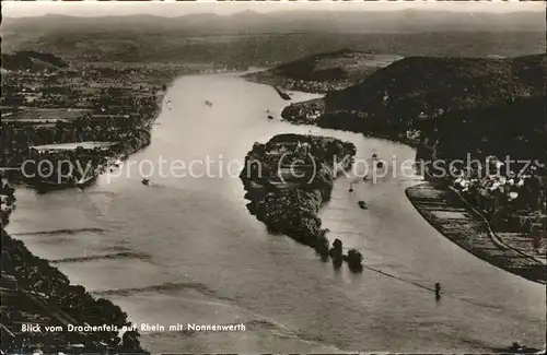 Drachenfels Blick auf Rhein mit Nonnenwerth Kat. Koenigswinter