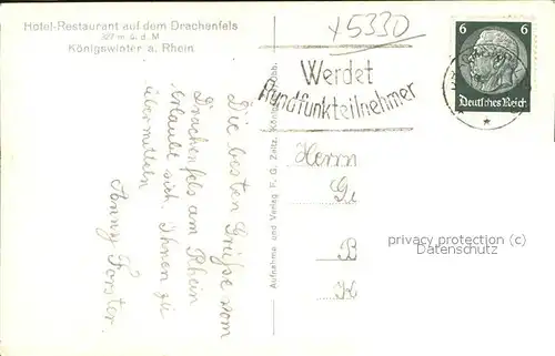 Drachenfels mit Blick auf Grafenwerth und Nonnenwerth im Rheintal Kat. Koenigswinter