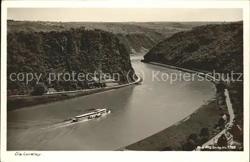 St Goarshausen Rheinschiff am Loreleyfelsen Kat. Sankt Goarshausen