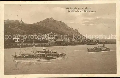 Koenigswinter mit Drachenfels und Drachenburg Rheinschiffe Kat. Koenigswinter