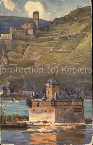 Caub Die Pfalz mit Burg Gutenfels Kat. Kaub